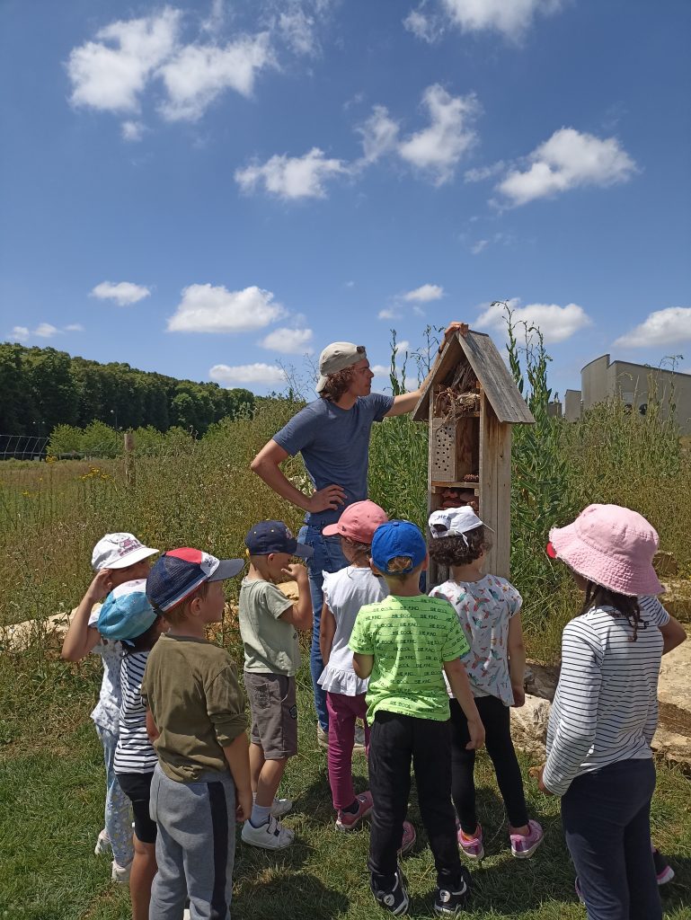 L'animateur de la Maison de la Nature durant un atelier de sensibilisation à la nature et la construction d'un hôtel à insectes à la Maison de la Nature