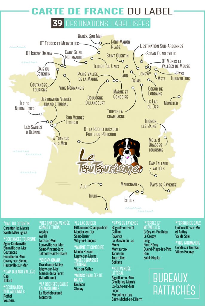 carte de France des Offices du Toutourisme, accueillant les touristes propriétaires de chiens et proposant une offre adaptée au voyage avec son chien.